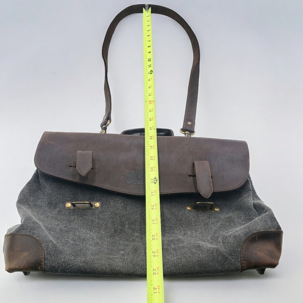 Cosset Calf Leather Canvas Messenger Bag Mens Womens Brown Grey Unisex Studded - Picture 13 of 16